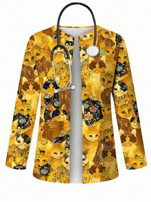 PopScrub Áo khoác cardigan nữ kiểu dáng thường ngày với họa tiết mèo hoạt hình graffiti màu vàng thanh lịch, phù hợp cho mùa xuân/hè, /Áo khoác đồng phục y tá in hình mèo, áo khoác đồng phục y tá nữ, trang phục chủ đề mèo - Nhiều màu - Xem 4
