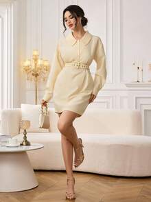 Seusyu Women's Elegant Waist Belt Shirt Dress - Yellow - View 5