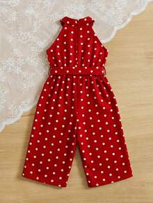 SHEIN 女婴休闲波点无袖连体衣，带小立领 - 紅色 - 查看 2