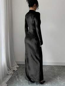 Rafferiza 女士优雅性感修身连衣裙，长袖立领修身天鹅绒面料侧开衩深蓝色连衣裙，秋冬款 - 黑色 - 查看 2