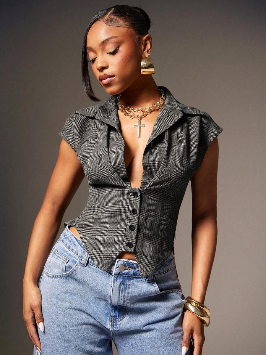 Denimoi Cinched Waist Low Neck Collared Houndstooth Print Top Fashionable Sexy Tops - Black and White - View 1