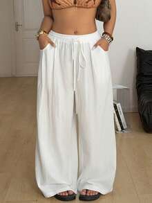 Coolane Women's Plus Size Summer  Vacation Outfit  Boho Chic Going Out Casual Cotton Solid Color Drawstring Waist Loose White High-Waist Pants With Slimming Effect Oversized Inclusive Sizing Pant - White - View 4