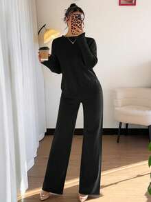 Firerie 女士黑色休闲纯色罗纹圆领长袖毛衣和超长裤套装 - 黑色 - 查看 4