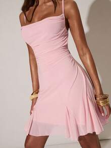 SHEIN BAE Women's Romantic Sexy Cute Draped Neck A-Line Dress, Suitable For Sisters' Gathering, Casual Outings, Beach Vacation, Party Occasions, Pink Dress, Valentine's Day Dress, Music Festival - Baby Pink - View 6