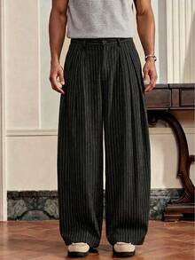 SWAVVY Men's Striped Print Pocket Pants Men Pants Dress Men Wide Leg Pants Japanese Pants For Men Pleated Pants Pinstripe Pants Men Dress Pants - Black - View 1