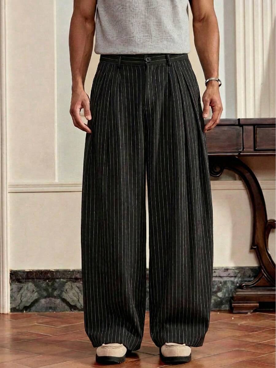 SWAVVY Men's Striped Print Pocket Pants Men Pants Dress Men Wide Leg Pants Japanese Pants For Men Pleated Pants Pinstripe Pants Men Dress Pants - Black - View 1