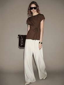 Lumivelle Women's Elegant Tie-Waist T-Shirt For Commuting, Spring/Summer - Coffee Brown - View 7