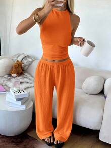 SHEIN EZwear 女士休闲度假简约纯色露背吊带上衣和阔腿裤套装，夏季 - 橘色 - 查看 2