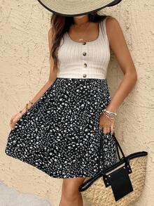 SHEIN Vestido de maternidad y lactancia con cuello de barco y estampado floral sin mangas - Negro - Ver 5