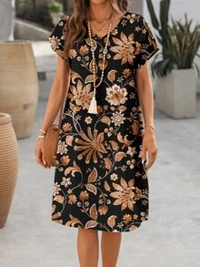 SHEIN LUNE 女士短袖中长几何印花连衣裙，春夏嘉年华快速发货女装，女士度假连衣裙，印花连衣裙，夏季碎花连衣裙，女士短袖夏季连衣裙，休闲款 - 彩色 - 查看 3