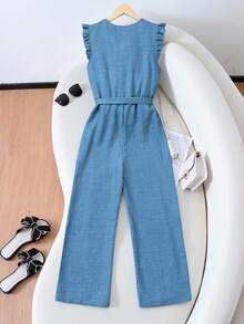 Elegant Minimalist Sleeveless Frill Trim Jumpsuit, Suitable For Vacation And Commute, Blue Texture