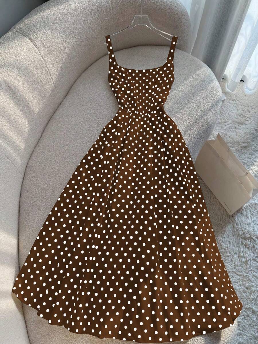 Women's Retro French Polka Dot Beach Vacation Spaghetti Strap Maxi Dress - Dark Brown - View 1