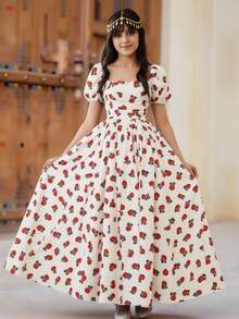 少女休闲度假优雅碎花玫瑰印花泡泡袖腰部褶皱喇叭裙摆公主连衣裙，杏色 - 杏色 - 查看 10