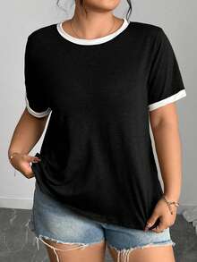 EMERY ROSE Damen Große Größen Lässig Alltags Pendler Kontrast Einfassung Kurzarm T-Shirt, Sommer - Verschiedenfarbig - Übersicht 4