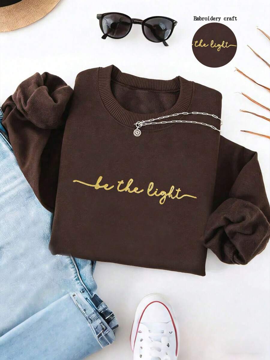 INAWLY Áo nỉ cổ tròn thêu chữ "Hãy là ánh sáng", Áo nỉ cổ tròn dành cho người theo đạo Cơ đốc | Trang phục thể thao Cơ đốc giáo, Trang phục thể thao tôn giáo, Áo nỉ dài tay cổ tròn thêu khẩu hiệu dành cho nữ - Cà phê nâu - Xem 1