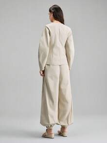 Ontre 2026 Spring/Summer New Arrival, Versatile For All Seasons, Vintage Elegant Business Casual Outfit, Basic Apparel, Nashville Clothing, Easter & Christmas Attire, Women's Casual Solid Color Tie Front Camisole For Urban Commute, Business Casual, Wedding Guest Suit Jacket And Wide Leg Pants Set - Light Grey - View 3