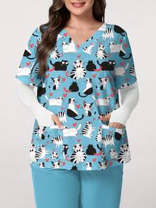 PopScrub 加大码夏季制服上衣，可爱线条猫咪和黑猫卡通印花休闲护士服上衣（女款） - 彩色 - 查看 1