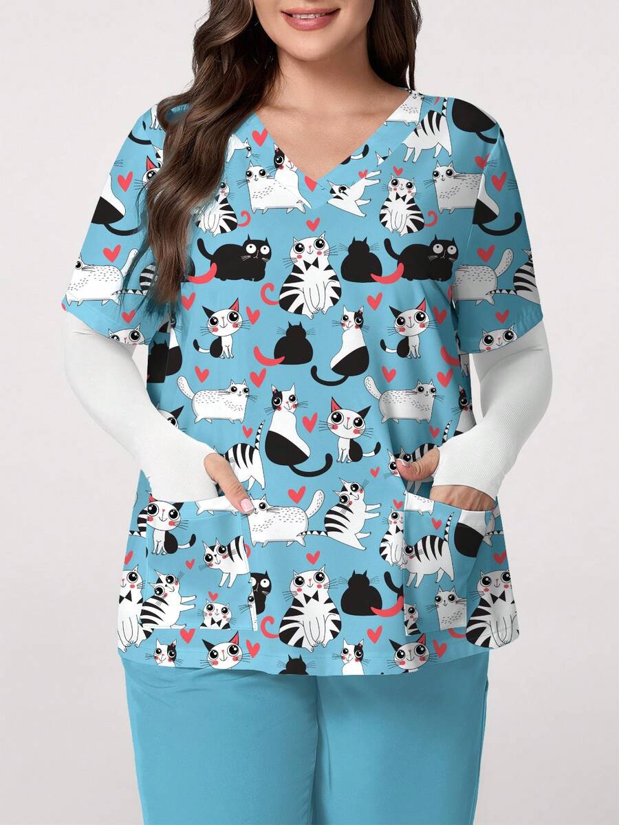 PopScrub 加大码夏季制服上衣，可爱线条猫咪和黑猫卡通印花休闲护士服上衣（女款） - 彩色 - 查看 1