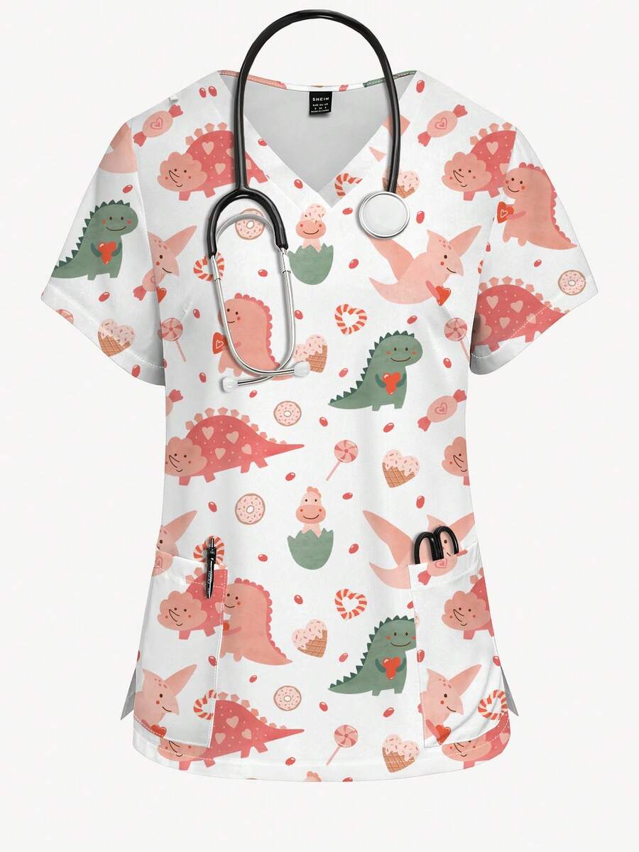 PopScrub 女士恐龙糖果卡通印花V领短袖制服上衣，春夏时尚单品 - 彩色 - 查看 1