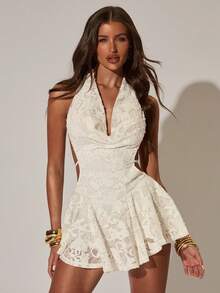 SHEIN BAE Đầm ren trắng cổ yếm đính ngọc trai gợi cảm lãng mạn cho kỳ nghỉ xuân hè của nữ, thích hợp cho kỳ nghỉ biển, nghỉ mát bên bờ biển, tụ họp bạn bè, tiệc tùng, tiệc cocktail. - trắng - Xem 7