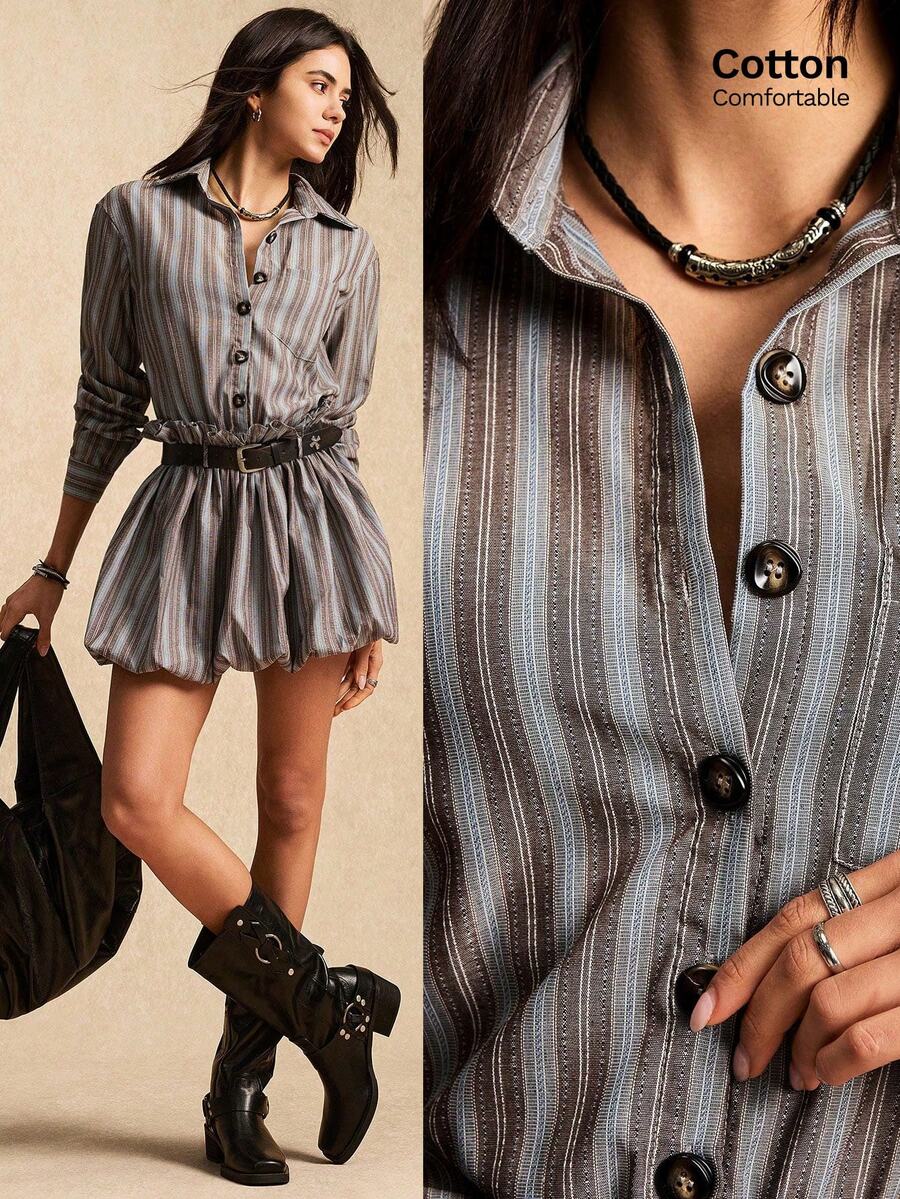 Easelle 女士条纹梭织紧身迷你连衣裙 - 棕色 - 查看 1