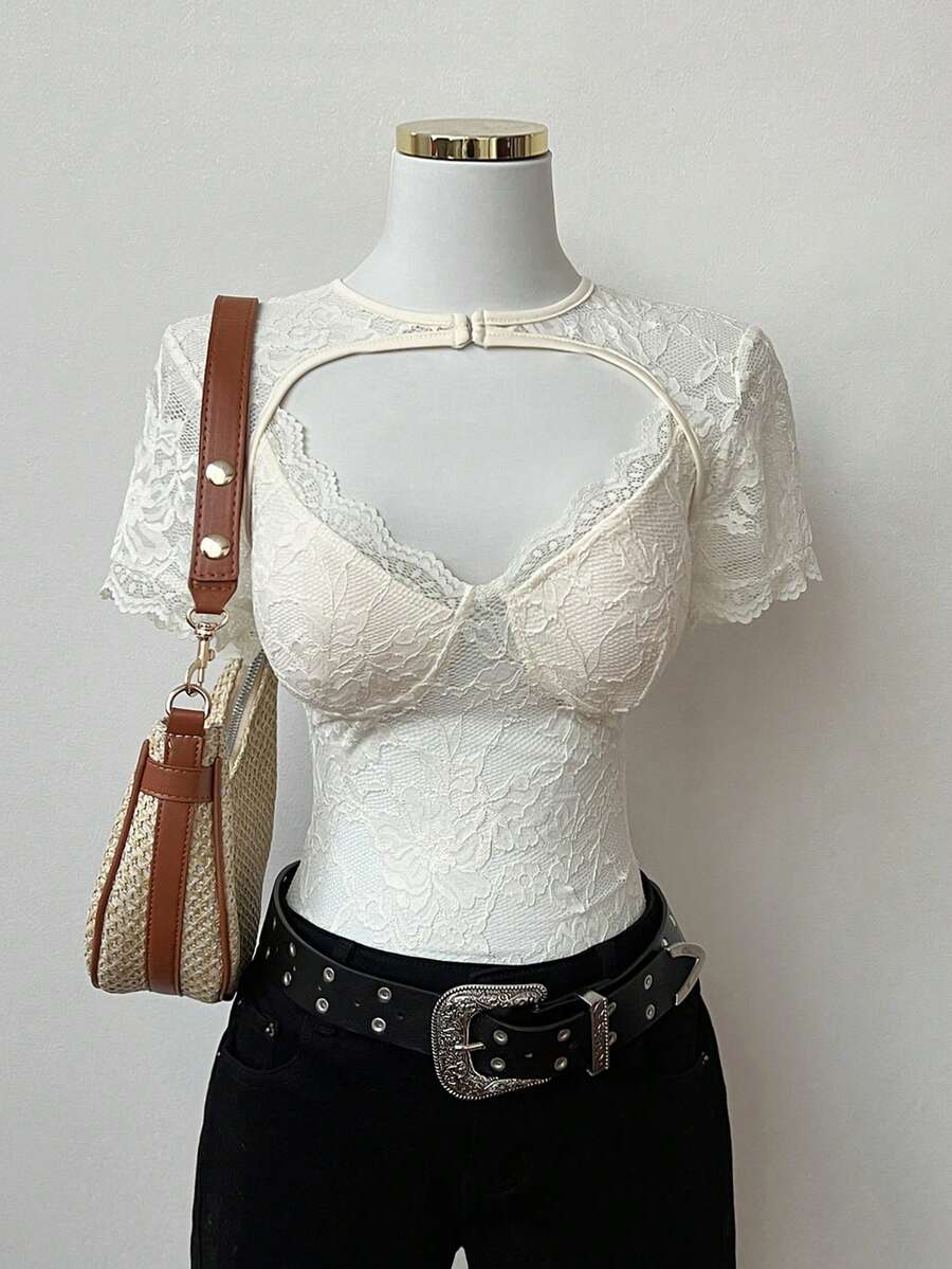 SHEIN Unity Women's Spring/Summer Vacation Style European And American Elastic Lace Patchwork Sexy Sheer See-Through Short Sleeve Top - Apricot - View 1