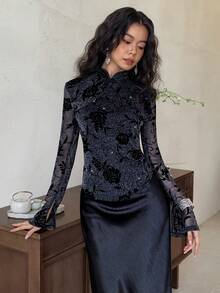 EastFlair Women's Floral Pattern Shiny Elegant Blouse With Button Design - Black - View 3