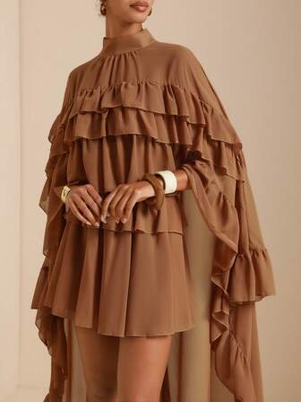 SHEIN Veneréa 女士复古优雅荷叶边棕色衬衫