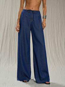TRNVIE 时尚休闲系带低腰阔腿牛仔裤 - 中等水洗藍 - 查看 8