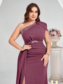Coutiva Đầm dạ hội cỡ lớn dành cho nữ, đính đá lấp lánh, xếp ly, xẻ tà cao. - Bụi hồng - Xem 3