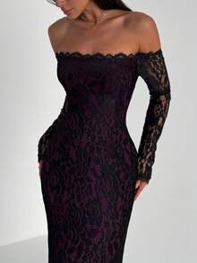 Aloruh Đầm bodycon dài tay dáng đuôi cá gợi cảm, trễ vai, ren, thích hợp cho tiệc cocktail và hẹn hò ngày Valentine. - Màu tím - Xem 5