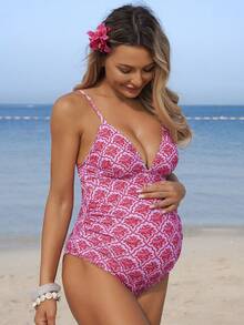 SHEIN 孕妇碎花印花连体泳衣，夏季海滩度假