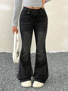 Tween Girls Summer/Winter/Spring Eans Black Skinny Flared Pants Cross Waist Flared Jeans Flare Leggings Fall Girl Clothes Fall,Parent-Child Clothing,New Year ,Party - Black - View 1