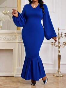 Fleurora Autumn And Winter Elegant Navy Blue Dress V Neck Bishop Sleeve Mermaid Dress Plus Size Solid Color V-Neck Fishtail Hem Elegant Long Sleeve Dress Fall Clothes For Women Elegant Dresses For Party New Year Dress Fall Clothes For Women - Blue - View 3