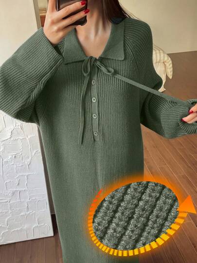 DAZY 女士简约纯色系带宽松针织长裙家居服，冬季