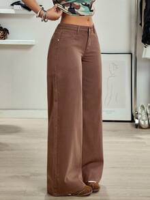SHEIN Tall Jeans de pierna recta y ancha de uso casual y versátil para mujer - Marrón - Ver 3