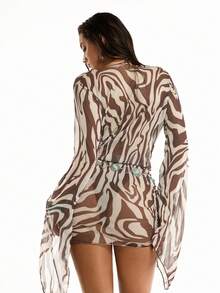 Oceva Áo khoác mùa hè tay dài dáng loe, thắt chéo, phối màu tương phản dành cho nữ. - màu nâu - Xem 2