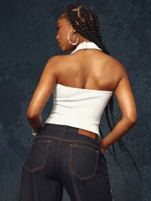 Denimoi Overall Detail Halter Top Ribbed Halter Fashionable Streetwear Tops Concert Outfits - White - View 4