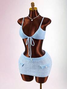 Amplova Set de 2 piezas con top de tirantes finos con nudo delantero y cárdigan de manga corta con minifalda de punto para mujer en verano - Azul - Ver 7
