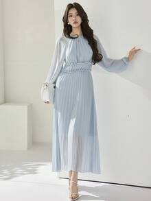 Heiryn Đầm midi xếp ly thanh lịch, thời trang dành cho nữ, viền bèo nhún. - Màu xanh lam - Xem 4