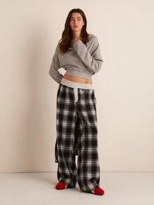 Easelle Women's Button Designed Loose Casual Plaid Wide Leg Pants