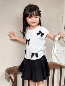 Young Girl Cute Casual Versatile White Bow Knit Short Sleeve Top, Summer - White - View 2