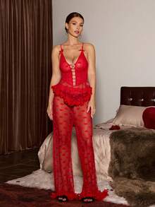 SHEIN 3D Floral Rhinestone Buckle Sexy Heart Mesh Camisole Sleepwear Set - Red - View 1