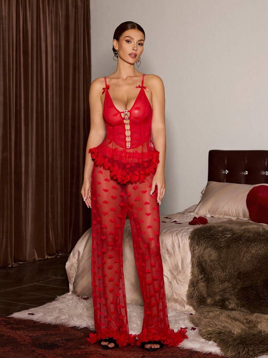 SHEIN 3D Floral Rhinestone Buckle Sexy Heart Mesh Camisole Sleepwear Set - Red - View 1