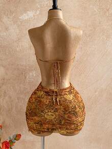 Soleia 女士性感复古图案网纱深V领串珠装饰紧身迷你连衣裙，适合节日派对、圣诞节、约会之夜、夜店、波西米亚风、度假、秋季等场合。 - 黃色 - 查看 2