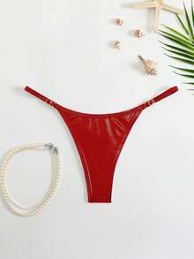 SHEIN Swim Quần bikini màu trơn dành cho nữ, kiểu dáng gợi cảm cho kỳ nghỉ biển. - Đỏ - Xem 2