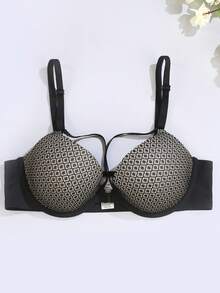 女士钢圈文胸，细肩带设计，时尚舒适，性感迷人，适合外穿、约会和日常穿着，网纱拼接设计 - 黑色 - 查看 6
