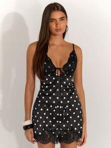 SHEIN BAE Women's Black Polka Dot Lace Sleeveless Fitted Camisole, Satin Lace Top, Summer Top, Casual Top, Elegant And Sexy Top, Brunch Top, Cruise Top, Polka Dot Top, Black Top, Vacation Top, Holiday Top, Spring Break Top. - Black - View 5