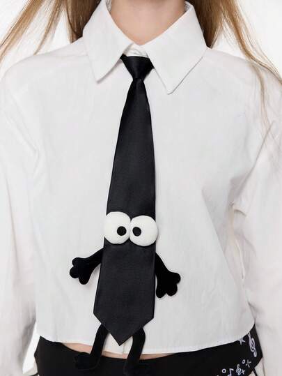 ROMWE Anime 1pc Black Kawaii Cute Funny Expression Fashion Minimalist Cartoon 3D Decor Unisex Necktie, Suitable For Performance, Music Festival, Casual Wear, School