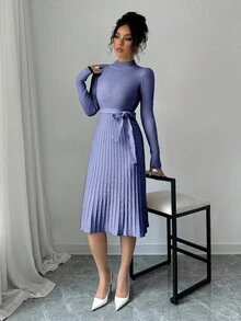 Selianne 女士优雅纯色罗纹针织连衣裙，秋季 - 淺藍色 - 查看 3